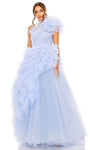 One Shoulder Shirred Asymmetric Ruched Tiered Natural Waistline Prom Dress with a Brush/Sweep Train With Ruffles