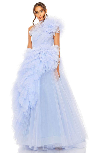 One Shoulder Shirred Tiered Asymmetric Ruched Natural Waistline Prom Dress with a Brush/Sweep Train With Ruffles