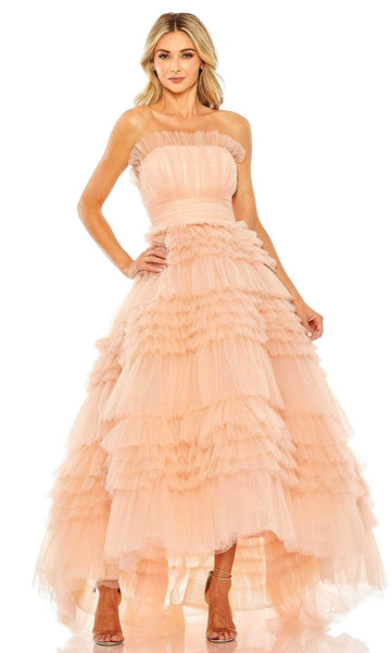 A-line Strapless Straight Neck High-Low-Hem Sheer Back Zipper Tiered Pleated Empire Waistline Prom Dress with a Brush/Sweep Train With Ruffles