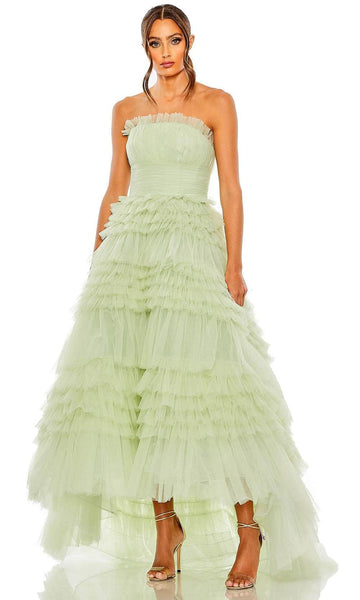 A-line Strapless Straight Neck Empire Waistline Pleated Sheer Back Zipper Tiered High-Low-Hem Prom Dress with a Brush/Sweep Train With Ruffles