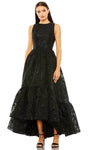 A-line High-Low-Hem Natural Waistline Ruffle Trim Jeweled Neck Hidden Back Zipper Sleeveless Evening Dress