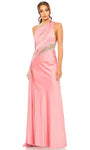 One Shoulder Sleeveless Mermaid Draped Ruched Open-Back Sheer Beaded Cutout Illusion Asymmetric Natural Waistline Prom Dress with a Brush/Sweep Train With Rhinestones and a Sash