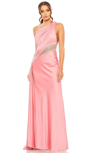 One Shoulder Sleeveless Natural Waistline Cutout Asymmetric Ruched Open-Back Draped Sheer Illusion Beaded Mermaid Prom Dress with a Brush/Sweep Train With Rhinestones and a Sash