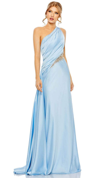 Mermaid Natural Waistline One Shoulder Sleeveless Open-Back Sheer Cutout Beaded Draped Asymmetric Ruched Illusion Prom Dress with a Brush/Sweep Train With Rhinestones and a Sash