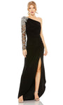 Sheer Long Sleeves Sheath Open-Back Ruched Pleated Sheer Asymmetric Slit Floor Length Natural Waistline Sheath Dress/Evening Dress with a Brush/Sweep Train With Rhinestones