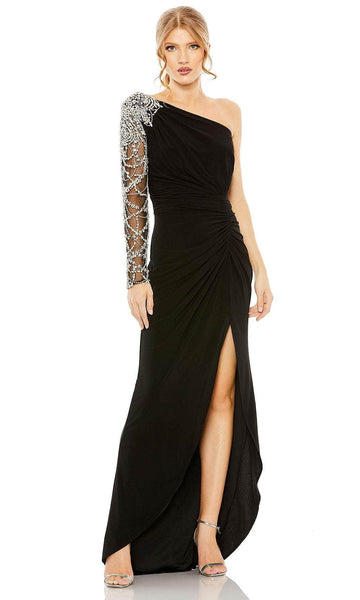 Slit Sheer Open-Back Pleated Asymmetric Ruched Sheer Long Sleeves Sheath Floor Length Natural Waistline Sheath Dress/Evening Dress with a Brush/Sweep Train With Rhinestones