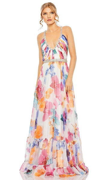 A-line V-neck Sleeveless Natural Waistline Trim Plunging Neck Tiered Belted Open-Back Floral Print Prom Dress with a Brush/Sweep Train With Rhinestones and Ruffles