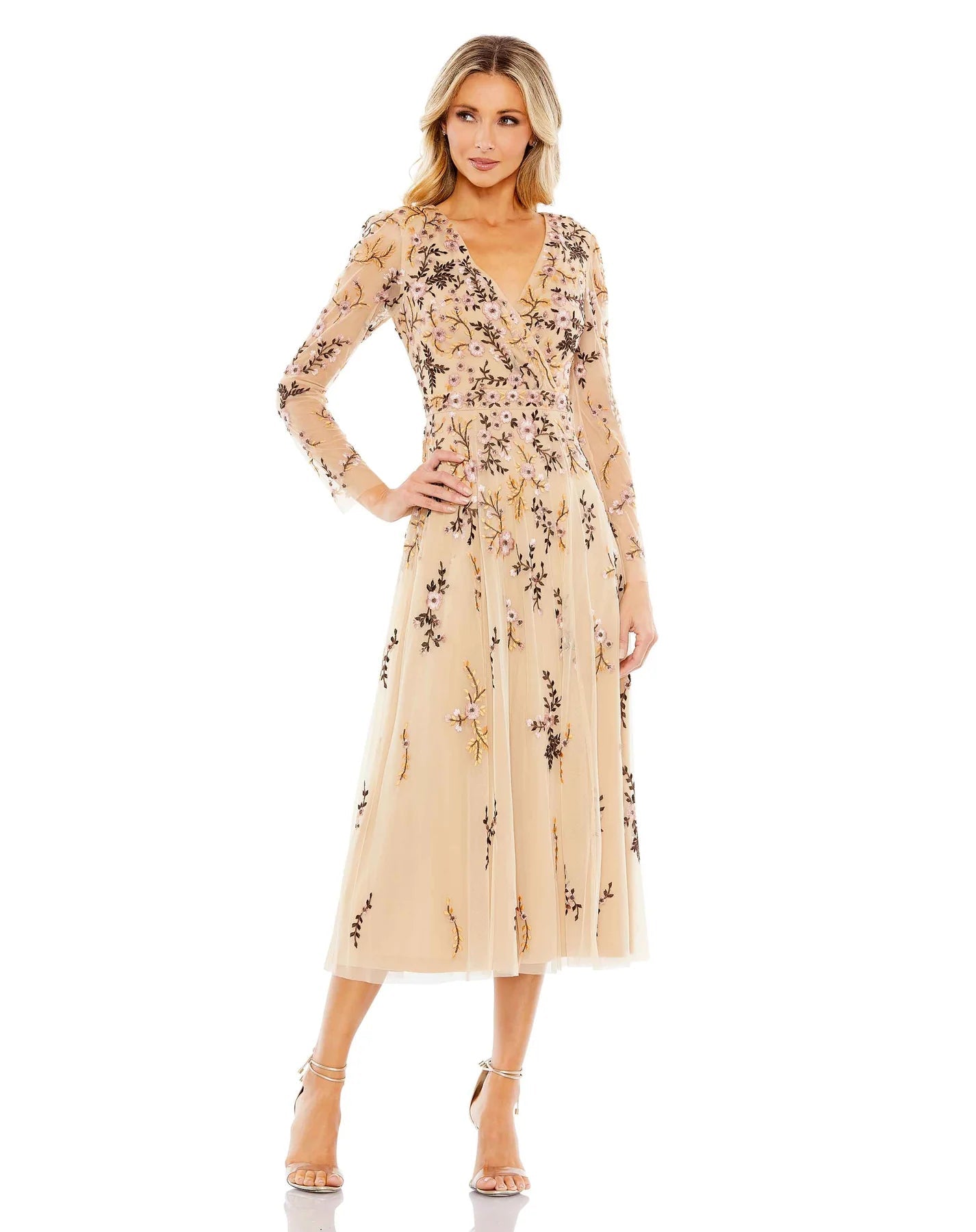 A-line V-neck Long Sleeves Floral Print Cocktail Tea Length Natural Waistline Gathered Sheer Back Zipper Party Dress