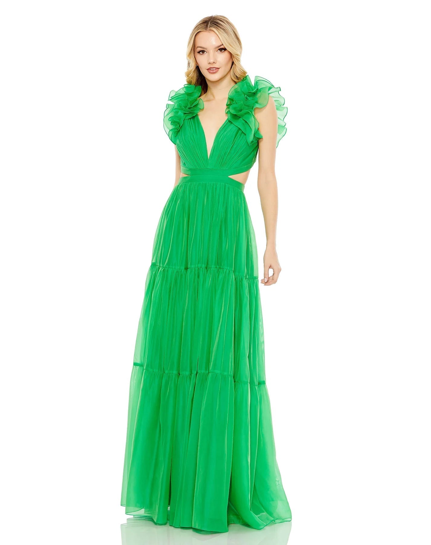 A-line V-neck Ruched Gathered Cutout Tiered Open-Back Cap Sleeves Plunging Neck Natural Waistline Floor Length Evening Dress With Ruffles