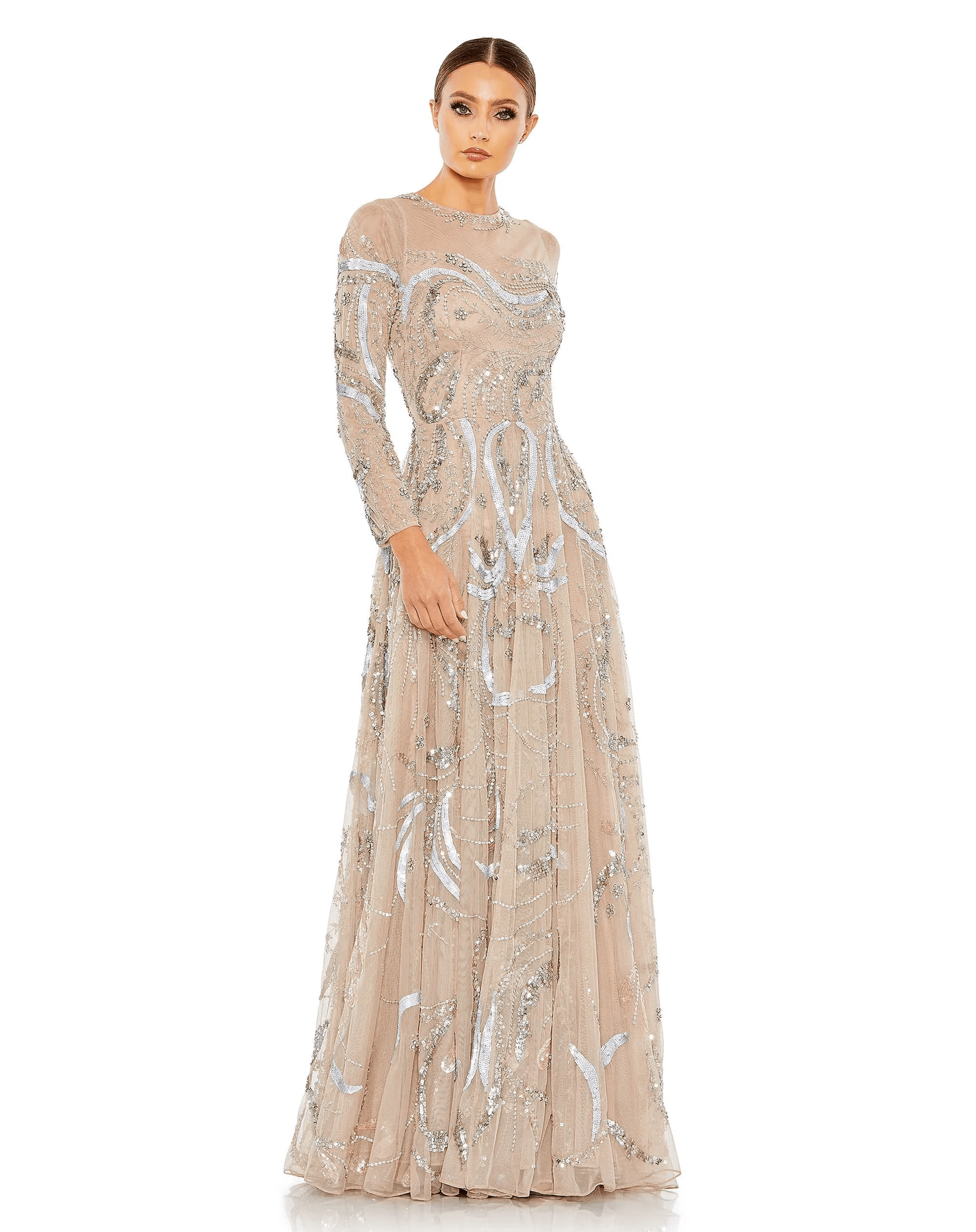 Sophisticated Modest A-line Sheer Sleeves Floor Length Crew Neck High-Neck Sweetheart Natural Waistline Back Zipper Beaded Fitted Applique Sequined Sheer Evening Dress/Prom Dress with a Brush/Sweep Tr