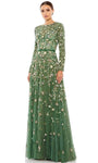 A-line Sheer Long Sleeves Jeweled Neck Natural Waistline Floral Print Beaded Sequined Sheer Applique Evening Dress with a Brush/Sweep Train With Pearls