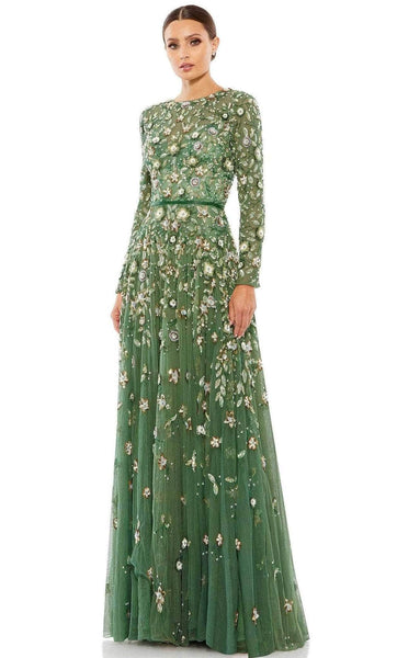 A-line Sequined Beaded Applique Sheer Jeweled Neck Natural Waistline Floral Print Sheer Long Sleeves Evening Dress with a Brush/Sweep Train With Pearls