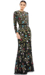 High-Neck Fitted Beaded Sequined Sheath Floral Print Long Sleeves Natural Waistline Polyester Floor Length Sheath Dress/Evening Dress/Prom Dress