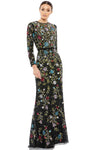 Fitted Beaded Sequined Sheath Floral Print Natural Waistline Floor Length High-Neck Long Sleeves Polyester Sheath Dress/Evening Dress/Prom Dress