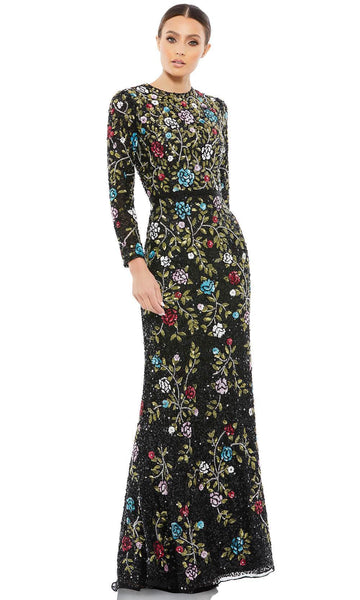 Floral Print Floor Length Long Sleeves Beaded Fitted Sequined Sheath High-Neck Polyester Natural Waistline Sheath Dress/Evening Dress/Prom Dress