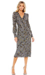 V-neck Polyester Natural Waistline Floral Print Sequined Banding Belted Beaded Back Zipper Long Sleeves Sheath Cocktail Tea Length Sheath Dress