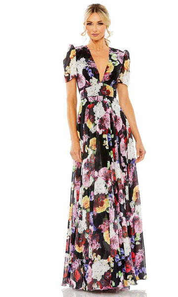 A-line V-neck Empire Waistline Plunging Neck Floor Length Short Fall Polyester Pleated Mesh Puff Sleeves Sleeves Floral Print Evening Dress/Prom Dress