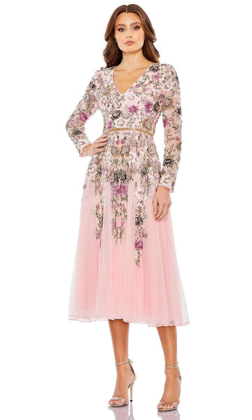 Sophisticated A-line V-neck Cocktail Above the Knee Floral Print Natural Waistline Beaded Hidden Back Zipper Mesh Sequined Polyester Long Sleeves Prom Dress
