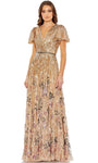 A-line V-neck Natural Waistline Sequined Beaded Back Zipper Mesh Floral Print Polyester Evening Dress