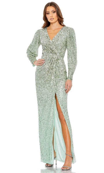 V-neck Floor Length Illusion Draped Mesh Slit Faux Wrap Sequined Hidden Back Zipper Beaded Sheath Natural Waistline Polyester Long Puff Sleeves Sleeves Sheath Dress/Evening Dress