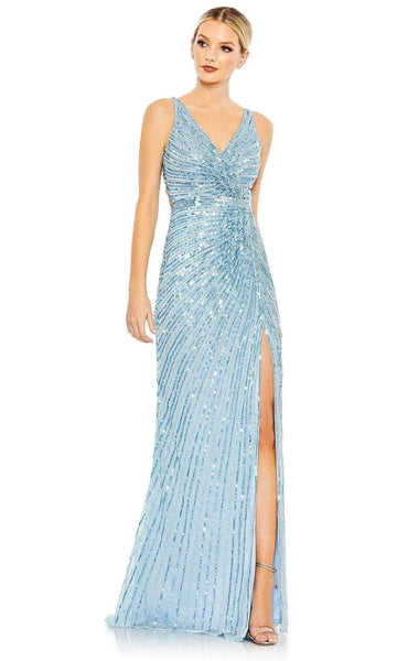 Sexy V-neck Sleeveless Natural Waistline Sequined Slit Faux Wrap Cutout Sheath Striped Print Polyester Sheath Dress/Evening Dress with a Brush/Sweep Train With a Bow(s)