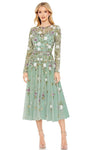 A-line Floral Print Jeweled Neck Sweetheart Polyester Long Sleeves Natural Waistline Cocktail Tea Length Hidden Back Zipper Jeweled Sheer Beaded Mesh Sequined Illusion Midi Dress