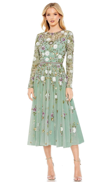 A-line Jeweled Neck Sweetheart Polyester Floral Print Jeweled Beaded Mesh Illusion Sheer Sequined Hidden Back Zipper Long Sleeves Natural Waistline Cocktail Tea Length Midi Dress