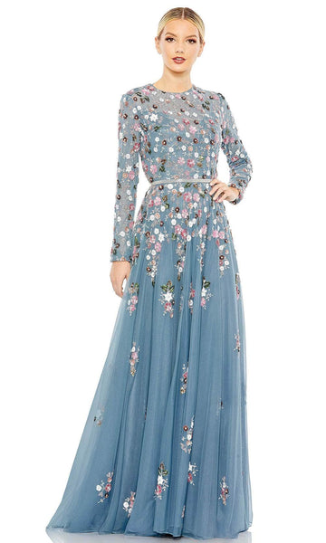 Sophisticated A-line Back Zipper Embroidered Beaded Sequined Floral Print Floor Length Natural Waistline Long Sleeves High-Neck Polyester Evening Dress/Prom Dress