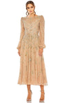 A-line Polyester Pleated Beaded Back Zipper Mesh Illusion Sequined Floral Print Natural Waistline Cocktail Tea Length Puff Sleeves Sleeves Bateau Neck Dress