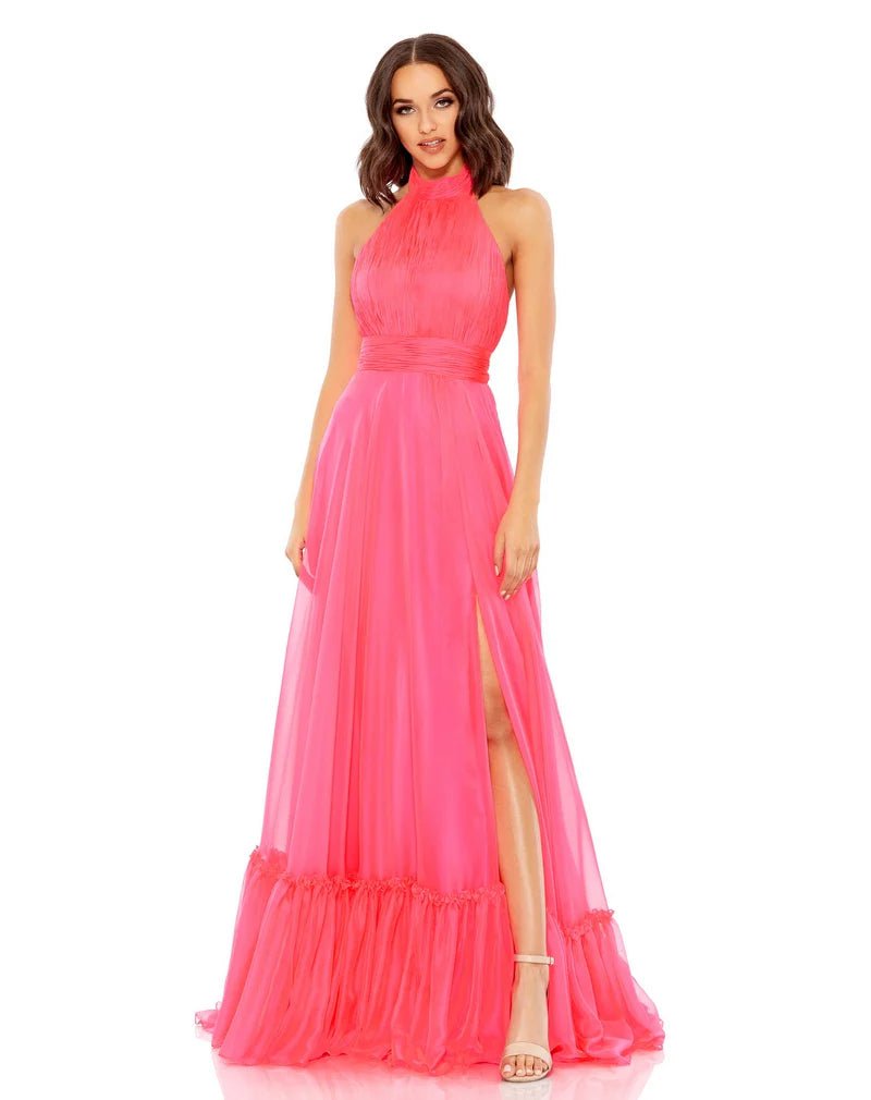 A-line Halter Sleeveless Empire Waistline Flowy Open-Back Ruched Slit Back Zipper Fitted Pleated Chiffon Floor Length Prom Dress with a Brush/Sweep Train