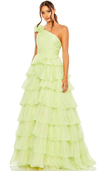 A-line Open-Back Ruched Asymmetric Shirred Back Zipper Tiered Natural Tie Waist Waistline Chiffon One Shoulder Prom Dress with a Brush/Sweep Train With Ruffles