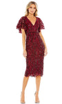 Modest V-neck Polyester Cocktail Short Tea Length Beaded Slit Embroidered Sequined Belted Sheath Natural Waistline Sheath Dress