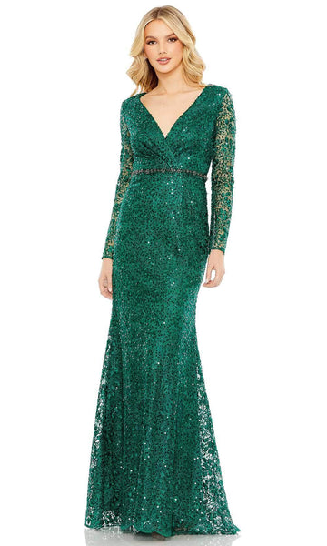 Sophisticated V-neck Long Sleeves Natural Waistline Sheath Faux Wrap Beaded Sequined Back Zipper Embroidered Sheer Sheath Dress/Evening Dress with a Brush/Sweep Train