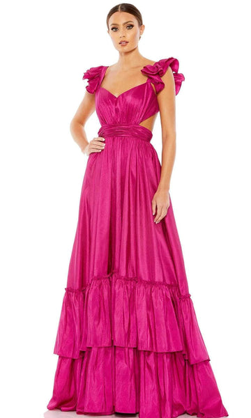 A-line Natural Tie Waist Waistline Floor Length Ruched Tiered Cutout Flutter Sleeves Sweetheart Prom Dress with a Brush/Sweep Train With Ruffles