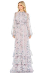 Sophisticated A-line Floral Print Back Zipper Tiered Ruched Long Raglan Sleeves High-Neck Natural Waistline Evening Dress