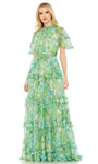 A-line Floral Print Bateau Neck High-Neck Ruffle Trim Short Sleeves Sleeves Tiered Ruched Sheer Natural Waistline Evening Dress/Prom Dress with a Brush/Sweep Train