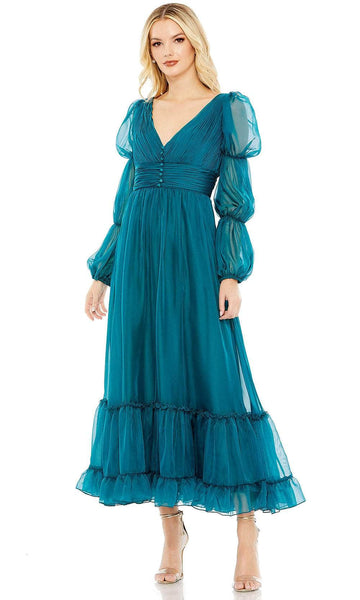 A-line V-neck Cocktail Tea Length Open-Back Back Zipper Shirred Pleated Sheer Tiered Long Sleeves Empire Waistline Dress With Ruffles