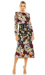 Floral Print Cocktail Tea Length Natural Waistline Jeweled Neck Beaded Jeweled Applique Hidden Back Zipper Embroidered Illusion Wrap Sheer Sheath Long Sleeves Sheath Dress