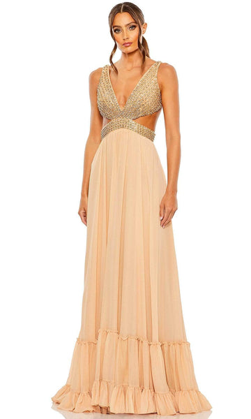 A-line V-neck Polyester Lace-Up Cutout Mesh Sequined Sleeveless Natural Waistline Evening Dress with a Brush/Sweep Train With Rhinestones and Ruffles
