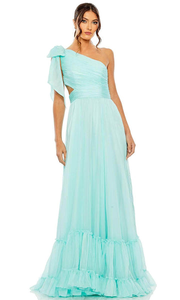 A-line Ruched Cutout Tiered Self Tie Shirred Asymmetric Empire Waistline One Shoulder Sleeveless Prom Dress with a Brush/Sweep Train With a Bow(s)