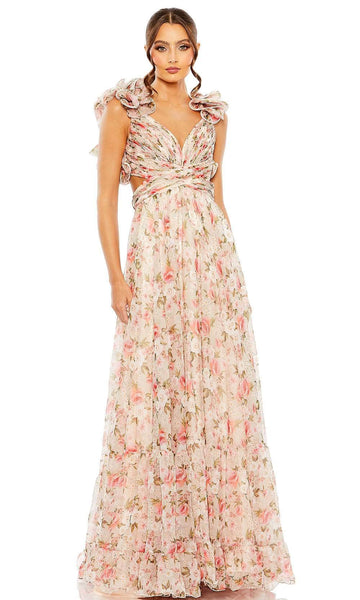 Sophisticated A-line Natural Waistline Cap Sleeves Sweetheart Floral Print Floor Length Back Zipper Lace-Up Tiered Evening Dress/Prom Dress With Ruffles