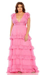 A-line V-neck Tiered Natural Waistline Cap Sleeves Dress with a Brush/Sweep Train With Ruffles