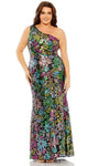 Plus Size Floral Print One Shoulder Sheath Sequined Asymmetric Polyester Natural Waistline Sheath Dress