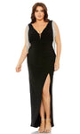 V-neck Sleeveless Natural Waistline Sheath V Back Ruched Slit Illusion Plunging Neck Sheath Dress/Evening Dress With Rhinestones