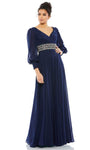 Sophisticated A-line V-neck Faux Wrap Flowy Belted Back Zipper Floor Length Empire Waistline Bishop Puff Sleeves Sleeves Evening Dress