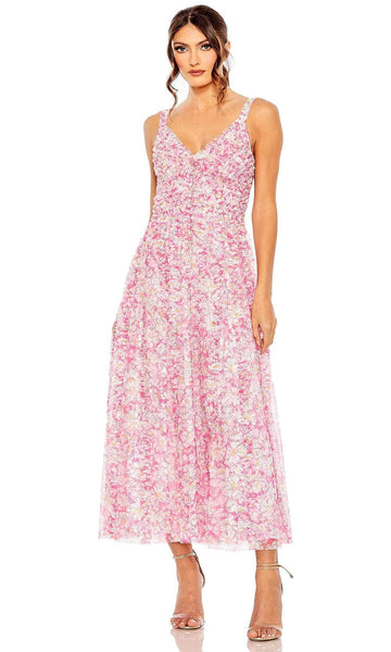 A-line V-neck Floral Print Fitted Goddess Open-Back Mesh Back Zipper Sleeveless Polyester Natural Waistline Cocktail Dress With Ruffles