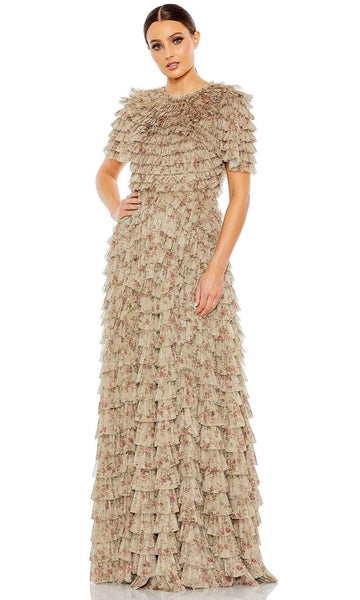A-line Floor Length Polyester Jeweled Neck Floral Print Tiered Hidden Back Zipper Mesh Short Sleeves Sleeves Natural Waistline Evening Dress With Ruffles