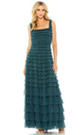 A-line Floor Length Polyester Tiered Mesh Back Zipper Sleeveless Natural Waistline Square Neck Evening Dress With Ruffles