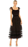 A-line Natural Waistline Polyester Cocktail Tea Length Back Zipper Open-Back Belted Mesh Tiered Scoop Neck Flutter Sleeves Dress With a Ribbon and Ruffles