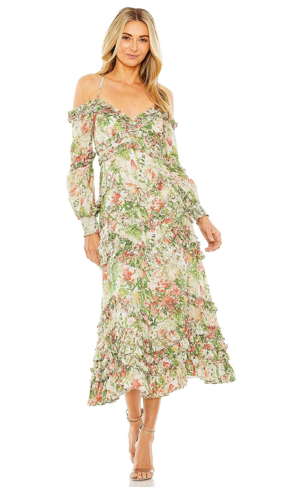 Mac Duggal 8082 - Floral Printed Cold Shoulder Tea-Length Dress
